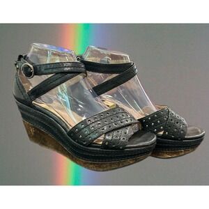 Frye Carlie Perf Black Leather Perforated Wedge Sandals Platform 8M 3473706